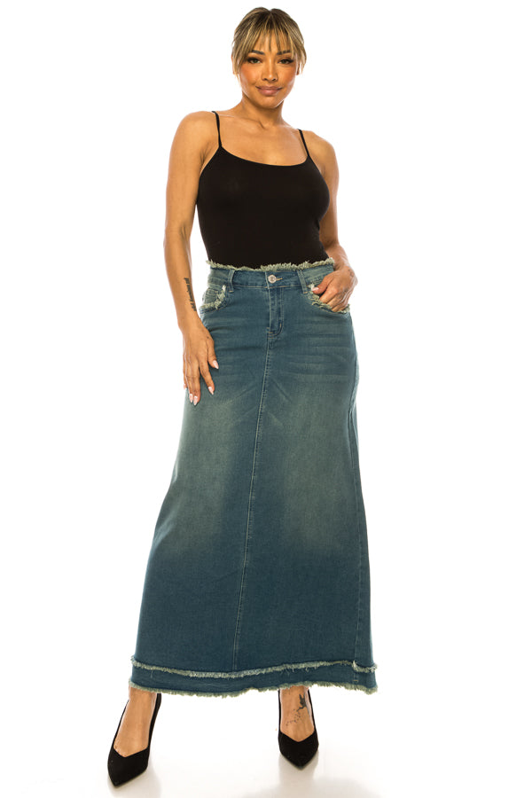model wears vintage wash denim skirt