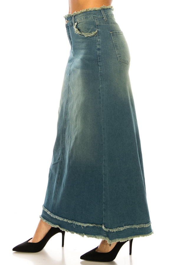 model wears vintage wash denim skirt