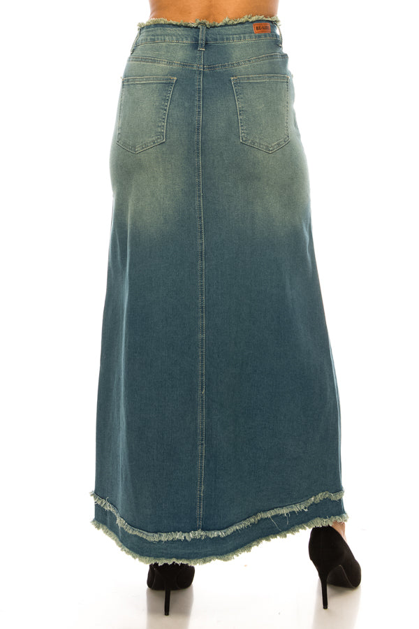 model wears vintage wash denim skirt