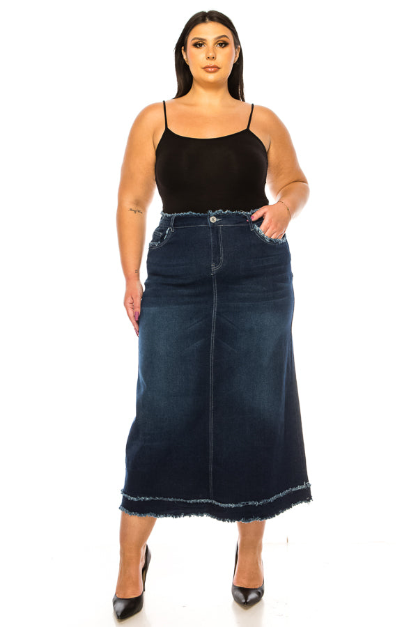 model wears dark indigo wash denim skirt