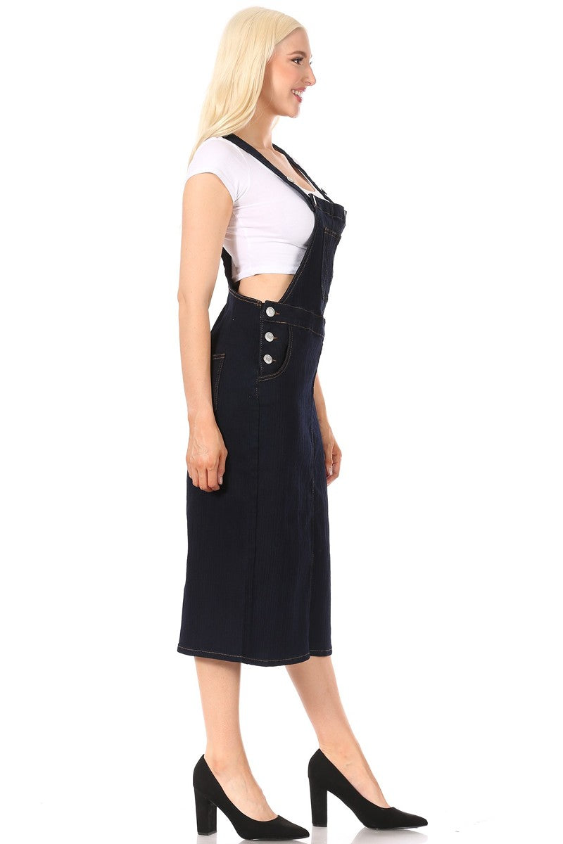 model wears indigo wash denim overall