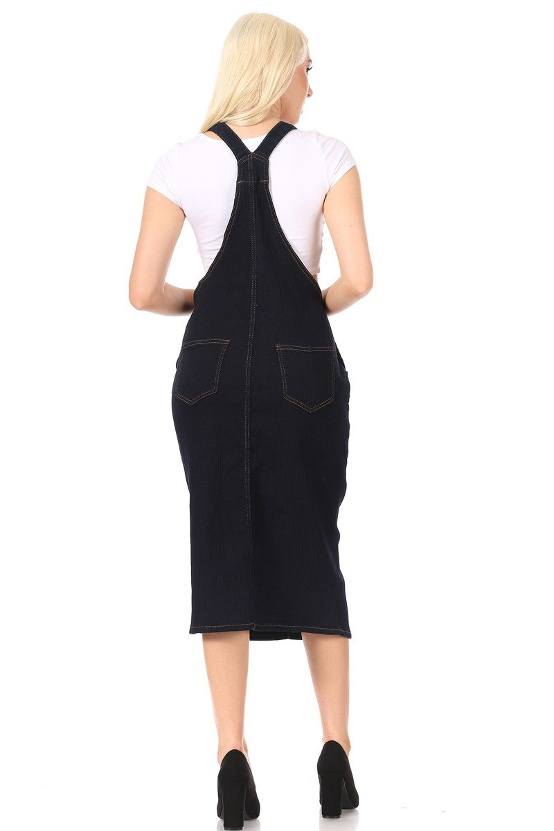 model wears indigo wash denim overall