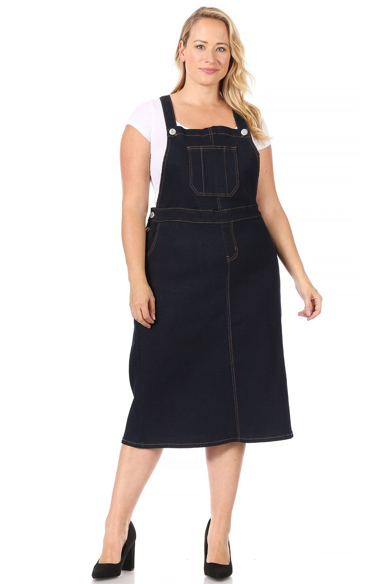 model wears indigo wash denim overall