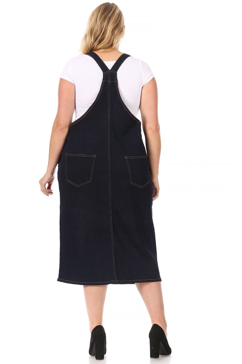 model wears indigo wash denim overall